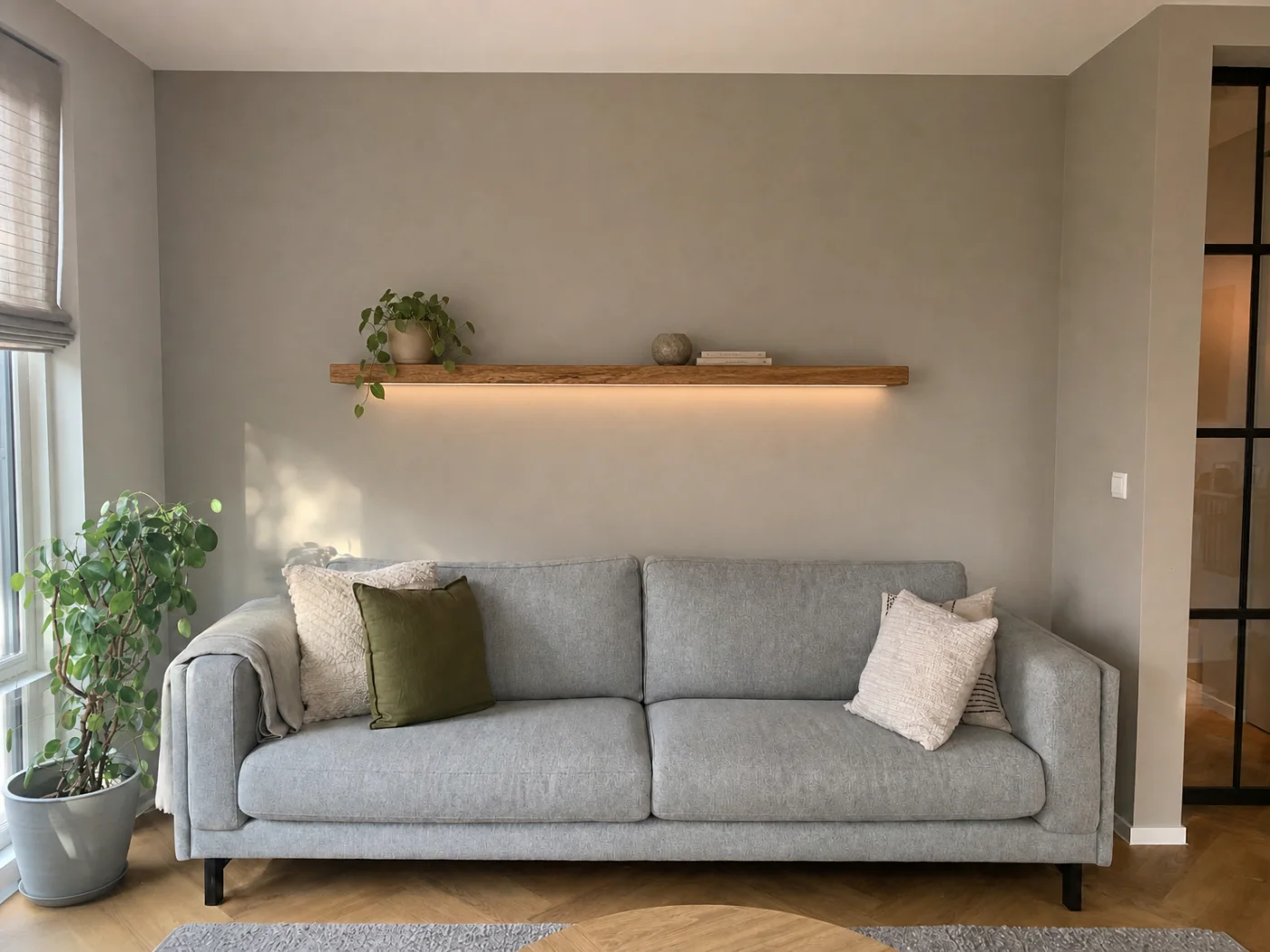 Dezelfde kamer met een eiken plank met LED